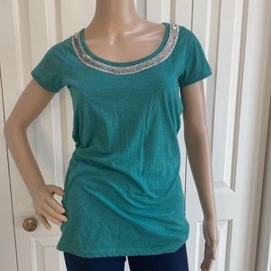 Threads 4 Thought Womens M/L Green Tee With Bead Neckline. So cute.